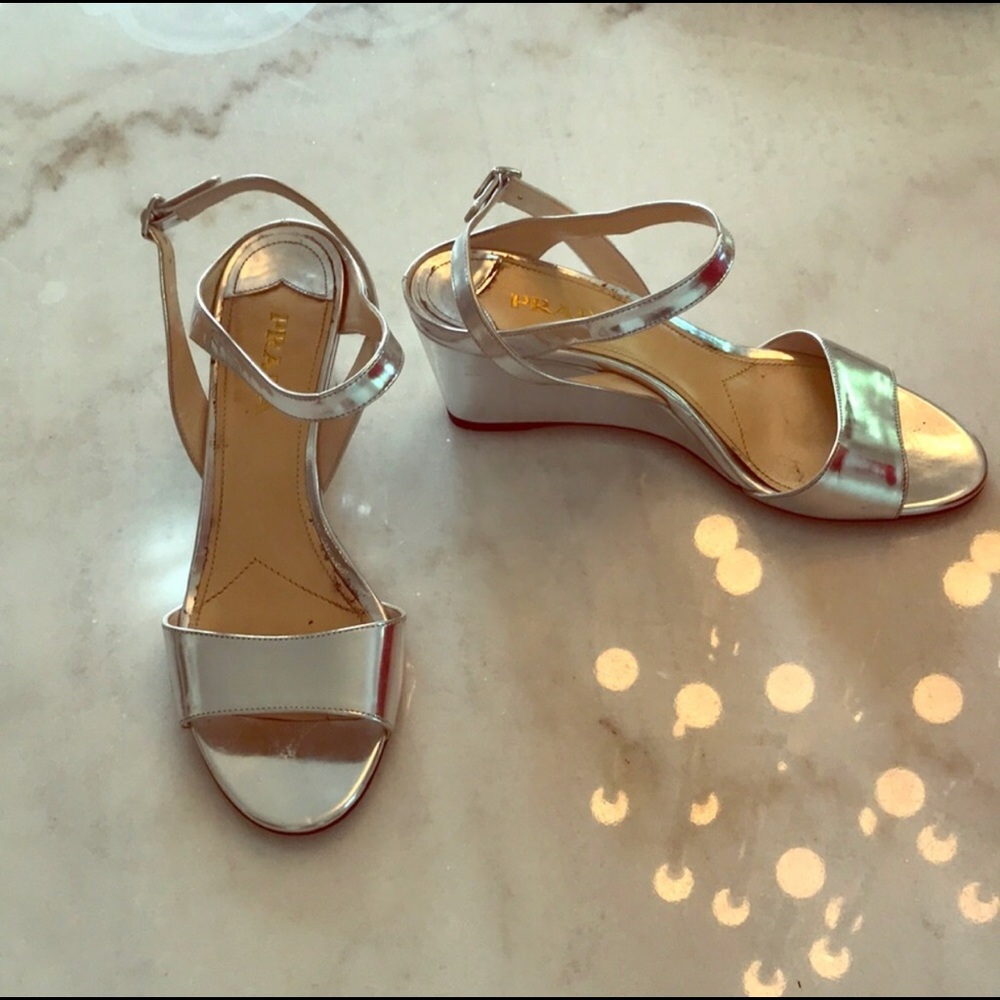 Metallic Silver Prada Wedge Sandal Heels